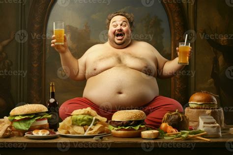 Fat man eats burger and drinks soda. Generate Ai 27736737 Stock Photo ...