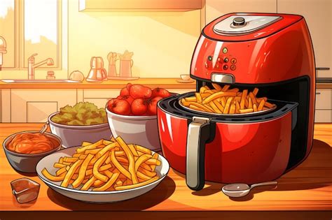 Premium AI Image | A modern air fryer cooking machine with delicious French fries on a wooden ...