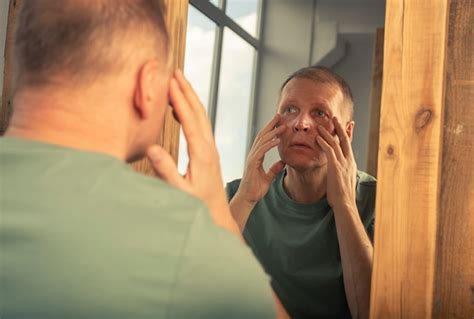 Premium Photo | Sad mature middle-aged man looking in mirror reflection and watching wrinkles ...