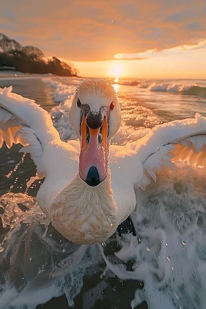 Premium Photo | Majestic swan flying over the lake at sunset