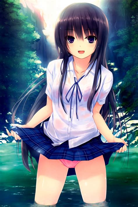 Wallpaper : illustration, anime, black hair, school uniform, visual novel, wet clothing, lifting ...