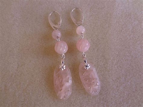 Vintage Long Carved Rose Quartz Earrings Sterling Silver from jools4u on Ruby Lane