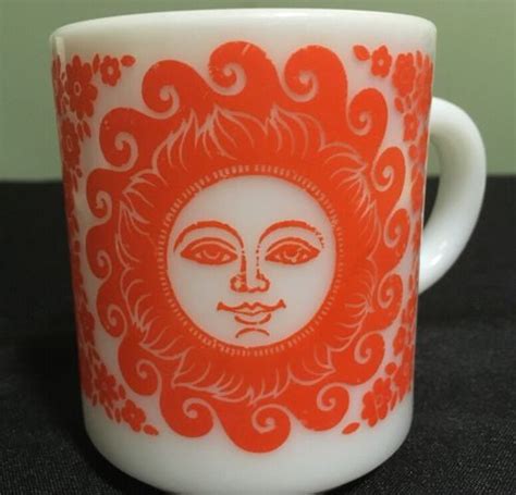 Vintage Milk Glass Orange Celestial Sun Face Coffee Mug Retro Cool - Essex Junction, VT - $10