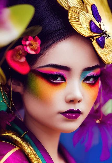 Premium Photo | Abstract colorful portrait of a pretty geisha with beautiful makeup and flowers