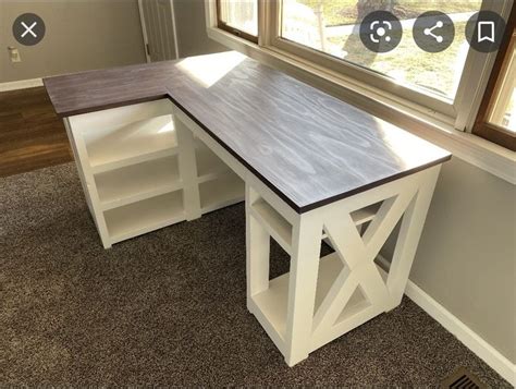 White paint and wood stained farmhouse look, L shaped desk | Diy office ...