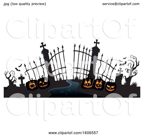 Clipart of a Silhouetted Cemetery Entrance with Halloween Pumpkins and Gates - Royalty Free ...