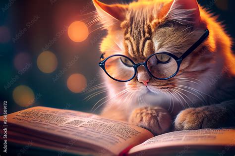 Intelligent cat in glasses reading a book, ai illustration Stock-Illustration | Adobe Stock