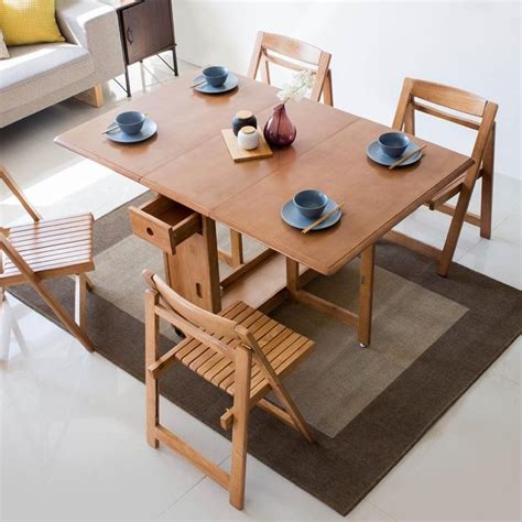 57" Modern Solid Wood Folding 5 Piece Dining Table Set Drop Leaf with 4 ...