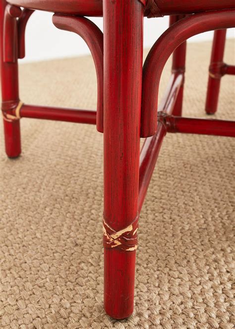 Set of Four McGuire Red Lacquered Rattan Dining Chairs For Sale at 1stDibs