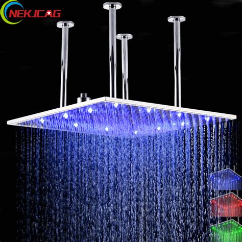 3 Colors Bathroom Shower Head Water Temperature Led Shower Head 20 Inch Ceiling Mounted Square ...