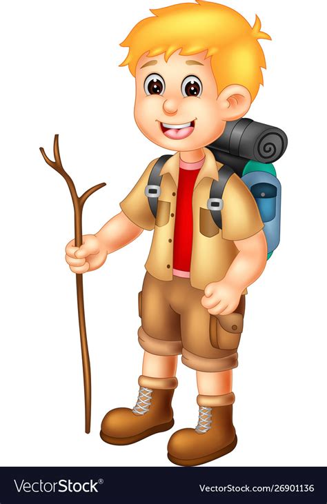 Funny backpacker boy with wood stick cartoon Vector Image