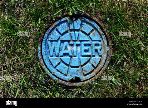 Rusting water valve cover plate in the grass painted blue Stock Photo ...