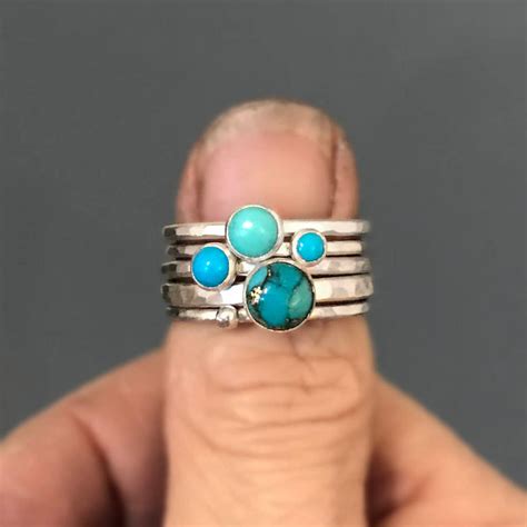 Turquoise Stacking Rings Hammered Silver Stacking Rings | Etsy