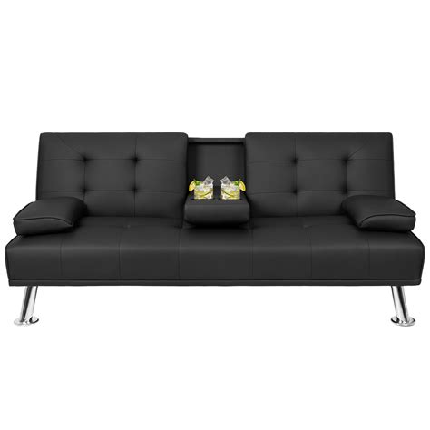 Lacoo Modern PU Leather Convertible Futon with Cupholders & Pillows, Black - Walmart.com