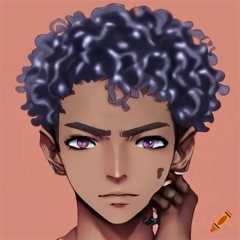 Japanese anime-inspired male character with dark brown skin and curly ...