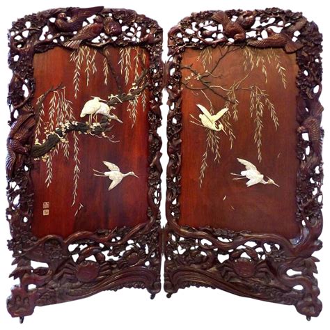 Circa 1900 Japanese Mother-Of Pearl Screen With Glass Eye Cranes on ...