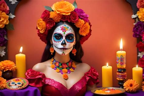 Premium AI Image | A woman with sugar skull makeup at the Dia de los ...
