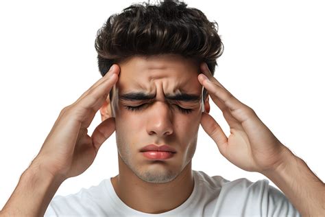 Man suffering from headache, pressing fingers to temples with closed ...