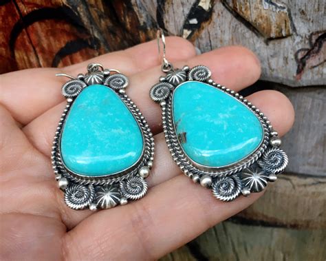 Large Blue Turquoise Dangle Earrings by Navajo Michael & Rose Calladitto, Native American Jewelry