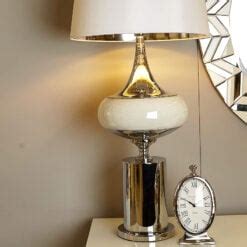 Chrome And Mirrored Glass Podium Statement Table Lamp With White Shade | Picture Perfect Home