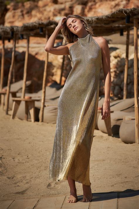 Gold Highneck Dress - MOJO WORLD | Luxury Resortwear Brand