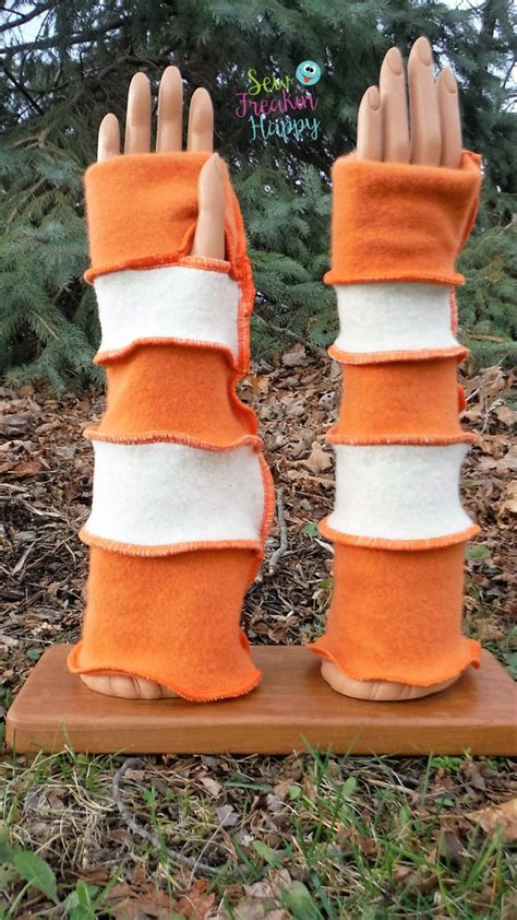 Orange & White Up-cycled Arm Warmers Made From Recycled Sweaters. Driving Gloves. Texting Gloves ...