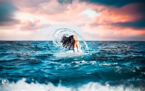 Wallpaper Brunette girl Sea female Sky Waves Water splash 3840x2400