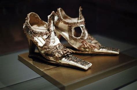 Slap-sole shoes, probably mid-17th century Italian, are seen on display in the "On a Pedestal ...