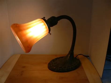 ART DECO GOOSENECK desk lamp cast Iron w Gold iridescent Glass shade Art Nouveau $139.99 - PicClick