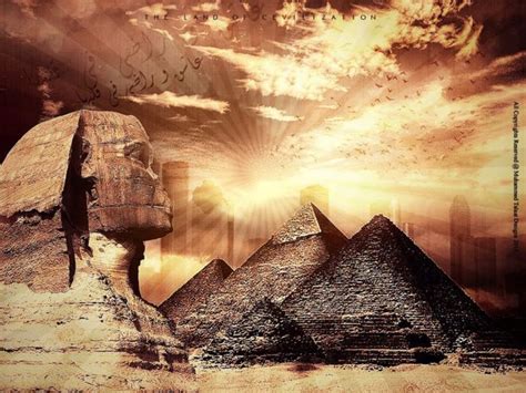 the egyptian pyramids are in front of a sunset with birds flying over them,