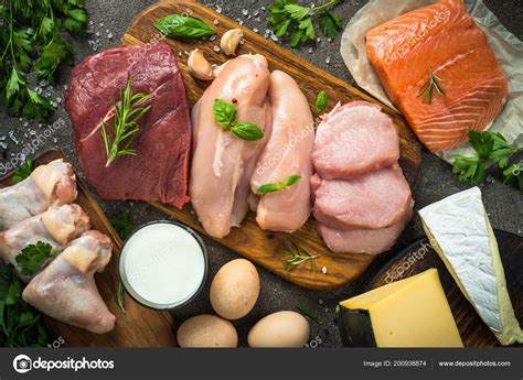 Animal protein sources- meat, fish, cheese and milk. — Stock Photo © Nadianb #200938874