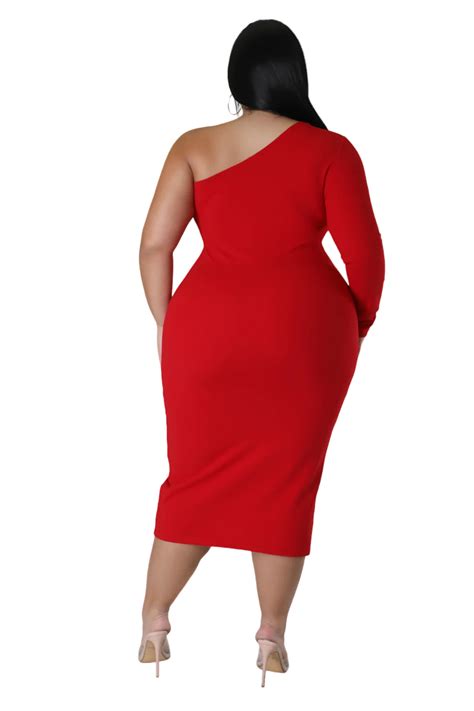 Final Sale Plus Size One Shoulder Long Sleeve Zip Up Midi Dress in Red – Chic And Curvy