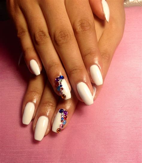 Gel overlay on natural nails white with multicolour rhinestones #nails #nailart #gel | Pretty ...