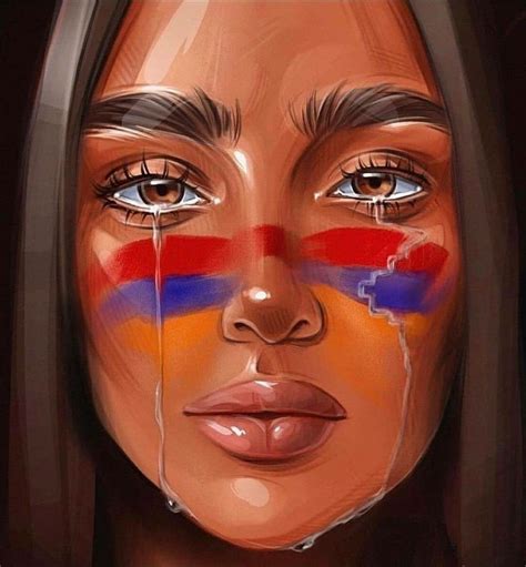 a woman's face painted in the colors of the russian flag with tears on it