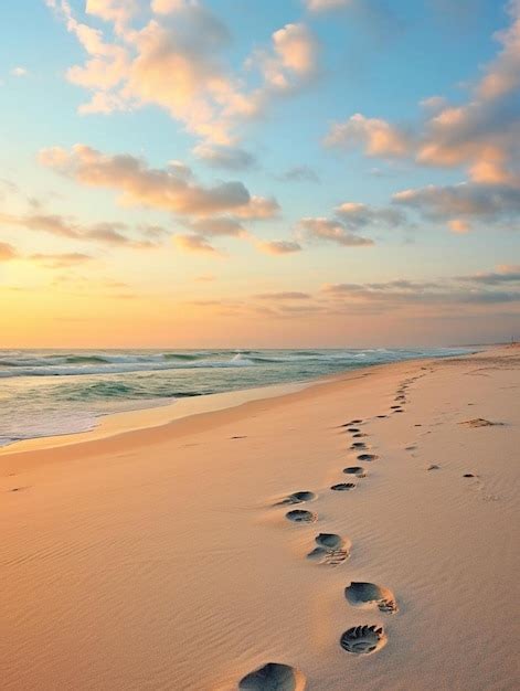 Premium Photo | Footprints in the sand at sunset on a beach with a sunset in the background.