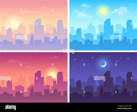 Daytime cityscape. Morning, day and night city skyline landscape, town ...