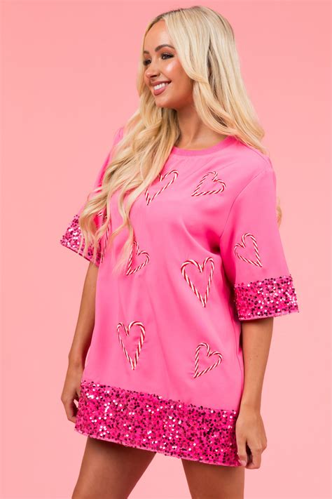 Hot Pink Candy Cane Half Sleeve Sequin Dress & Lime Lush