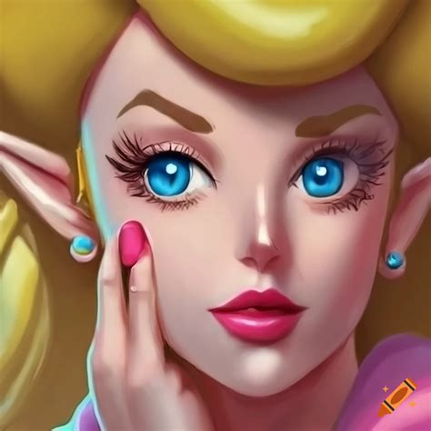 Digital artwork of link dressed as princess peach with blonde hair and pink lipstick on Craiyon