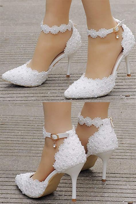 Women high heels sandals white lace pearls wedding shoes pointed toe ...