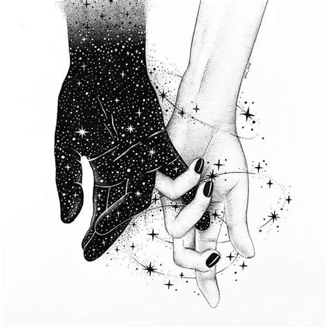 two hands holding each other with stars in the sky behind them and on top of one another