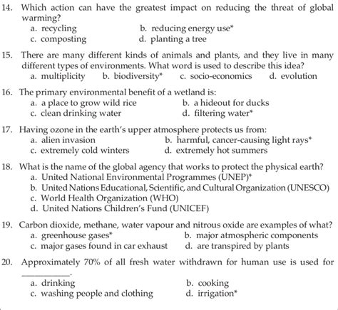 Environmental knowledge questions on the survey instrument * equals... | Download Scientific Diagram