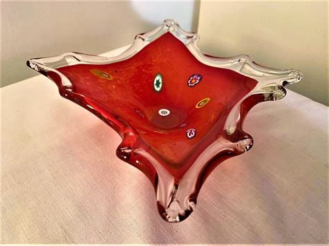 Red Art Glass, Studio Glass Bowl w Colorful Designs and Jagged Edge, Mid Century Coffee Table ...