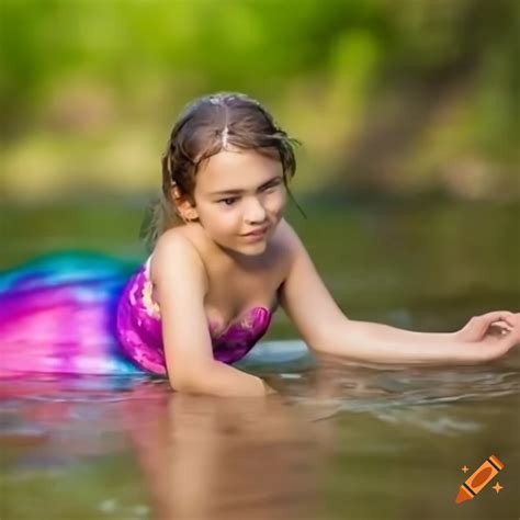 Mermaid child playing in river water on Craiyon