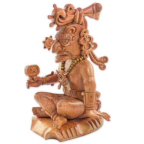 Hand Carved Cedar Wood Maya Sun God Sculpture - Maya Sun God Ah Kin | NOVICA