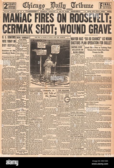 1933 Chicago Daily Tribune front page Assassination attempt Theodore ...