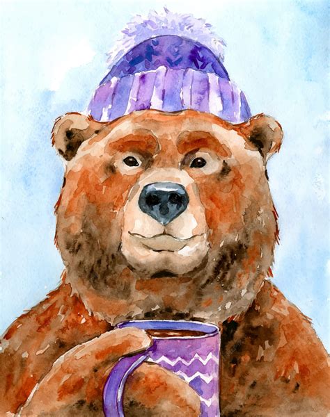 Premium Vector | Watercolor illustration character winter brown bear in a lilac warm hat drinks ...