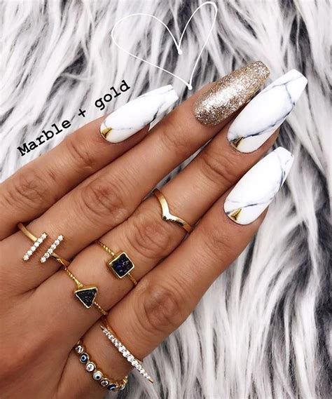 Handmade- Gold Marble Glossy Black White Marble Gold Foil Press On Nail Set | Glue on nails ...