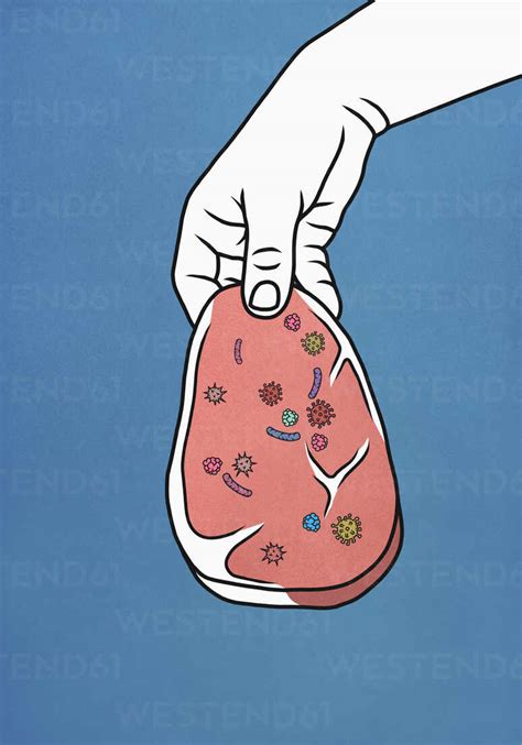 Hand holding raw meat covered in bacteria stock photo