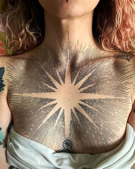 Sun Chest Tattoo, Black Ink Linework | Best Tattoo Ideas For Men & Women