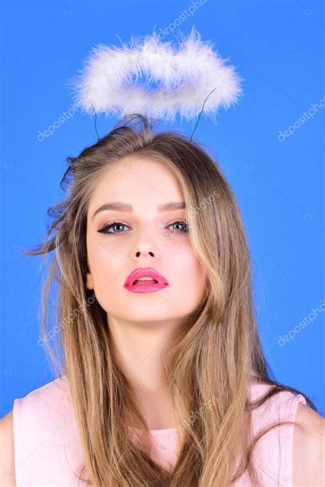 Sexy woman with long hair on blue background. woman with angel halo from feather , #Ad, #long, # ...